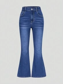 Teen Girls' Navy Blue Elastic Waist Zipper Front Classic Versatile Ripped Back Pocket Rhinestone Embellished Stretch Denim Flare Jeans - Medium Wash - View 2