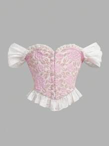 SHEIN Top con struttura a corsetto, scollo a spalle scoperte, volant sul fondo, in tessuto jacquard, elegante per ragazze, adatto per primavera/estate