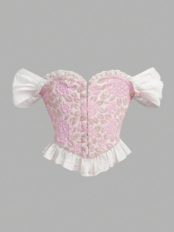 SHEIN Top cu structură de corset cu tiv, jacquard, cu umăr dezactivat, elegant pentru fetiță, cămașă din material jacquard pentru primăvară/vară