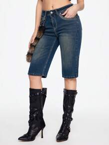 ROMWE Grunge Punk Y2K 复古千禧年做旧仿毛皮尾巴拉链下摆七分紧身裤 - 藍色 - 查看 5