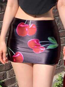 DAZY تنورة قصيرة مطبوعة بالكرز للنساء، باللون الأسود، مناسبة لجميع المواسم، تنورة قلم رصاص للخريف، تنورة ذات خصر منخفض