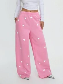 Flirla Valentine's Day Heart Printed Straight Leg Sweatpants Fall Cloth For Women - Baby Pink - View 4