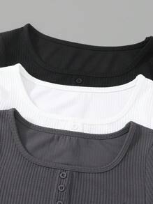 SHEIN Teen Girls 3 Pcs Set, Long Sleeve, Button Decor, Solid Texture Rib Casual Set, Spring & Autumn - Multicolor - View 7