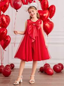 Tween Girl Red Fancy Bow Mesh Dress For Valentine's Day - Red - View 5