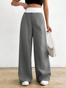 SHEIN Unity 女士简约拼色高腰阔腿裤，休闲日常穿着 - 灰色 - 查看 4