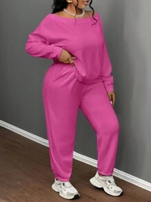 Slaydiva 2pcs Women Plus Size Basic Solid White Fitted Asymmetric Neck Top And Straight Leg Pants, Cross Rib Knit Fabric, Casual & Home Wear, Spring/Autumn