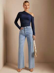 SHEIN BAE Áo thun dài tay cổ bẻ xếp ly màu trơn đơn giản cho nữ, mùa xuân/thu - Màu xanh hải quân - Xem 4
