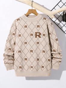 Tween Boys Casual Loose Letter Allover Jacquard Pattern Crew Neck Sweater, Suitable For Commuting, School, Daily Casual Wear, Sports, Spring Summer Autumn Winter