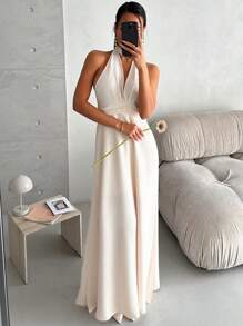 Aloruh Rochie romantică cu decolteu în V adânc, fără spate, cu volane, pentru nunta de Ziua Îndrăgostiților