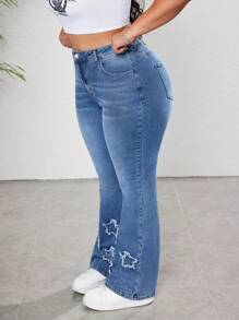SHEIN CURVE+ Pantalones acampanados de mezclilla con estampado de estrella para mujer talla grande, de mezclilla elástica que estilizan la figura, para conjunto de primavera y verano, atuendo casual