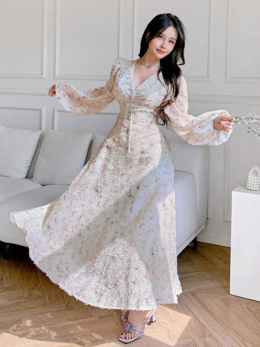 Modelyn 女士优雅蝴蝶印花灯笼袖连衣裙