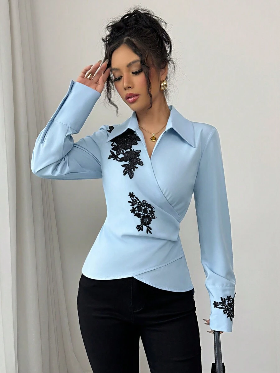 Elenzga Women's Elegant Long Sleeve Shirt, Crossover Collar, Half Placket, Ruffle Contrast Color Cuff Trim, Blue Woven Fabric, Spring/Summer