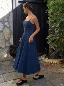 DAZY Vestido-mono casual de mezclilla con pliegues y largo vestido de tela vaporosa para mujer