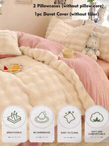 3pcs Cream White Plush Crystal Velvet Duvet Cover Set, Suitable For Bedroom, Warm Duvet Cover & Pillow Case, Machine Washable