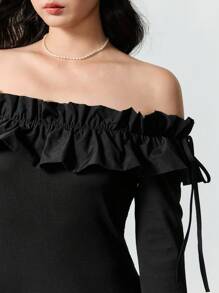 EastFlair Women's Solid Color Pleated Long Sleeve Casual Off Shoulder Top, Everyday Wear - Black - View 6