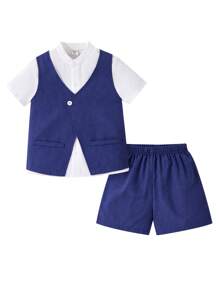2 Pieces Young Boys Casual Sport Academy With Asymmetric Vest Jacket Suit And Collar Basic Shirt And Suit Shorts, Buy Suit Set With Basic Shirt High Cost-Effective Multi-Piece Suit Set Kids Outfits Young Boy Clothes Back To School Boys Set Suitable For Birthday Party, Party, Performance, Wedding, Baptism, School Opening Ceremony Suitable For Daily Suitable For School Suitable For Travel Suitable For Spring And Summer Season