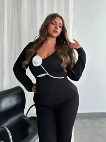 Firerie 大码女式优雅休闲 3D 花卉 U 领撞色长袖修身 T 恤，秋冬 - 黑色 - 查看 5