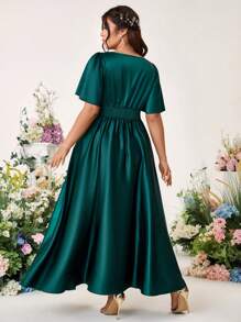 Cravure Plus Size Square Neck Flare Sleeve Solid Color Satin A-Line Ankle-Length Dress, For Wedding, Party & Celebration - Dark Green - View 2