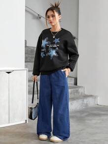 SHEIN 2pcs/Set Teenager Girls' Round Neck Long Sleeve Printed Minimal Top And Long Pants Outfit - Dark Wash - View 3