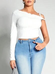 Zolique Femmes Top style couleur unie à col asymétrique, manches longues, taille courte et ajusté