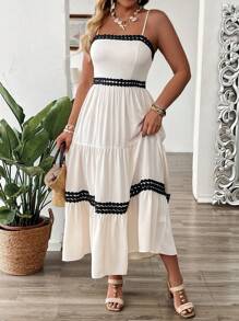 SHEIN Clasi فستان إسليب ماكسي بتصميم الدانتيل والألوان المتناقضة المناسب للمقاسات الكبيرة، صيفي - لون مشمشي - مشاهدة 7