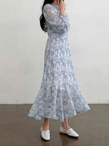 DAZY 优雅法式碎花雪纺修身泡泡袖连衣裙，适合女性，秋季长袖连衣裙，复活节连衣裙 - 藍色 - 查看 6