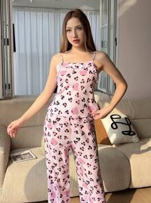 Conjunto de pijama de mujer con camiseta de tirantes y pantalones con estampado de leopardo y corazón - Rosa - Ver 5