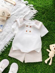 2pcs Baby Boy/Girl Cute Summer Casual Holiday Navy Collar Contrast Color Short Sleeve Shirt And Elastic Waist Shorts Set, Suitable For Birthday Party, Evening Party, Performance, Wedding, Baby Shower, One-Year-Old Celebration