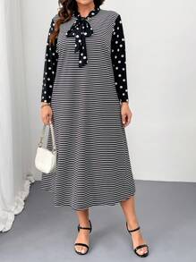 SHEIN Clasi Vestido casual suelto de mujer talla grande con estampado de lunares y cuello con lazo a rayas
