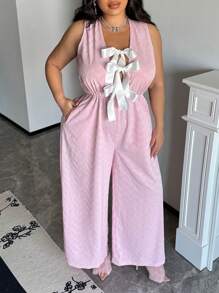 Flirla Plus Size Romantic Heart Jacquard V-Neck Tied Front Sleeveless Jumpsuit For Women, Valentine's Theme - Pink - View 5