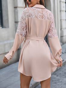 SHEIN LUNE Women's Lace Patchwork Collar Dress - Khaki - View 2