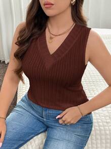 SHEIN LUNE Camisetas de tirantes y tops sin mangas de cuello en V de tallas grandes, de material suave y versátil - Marrón - Ver 5