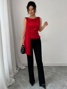 Elenzga 缎面面料不对称荷叶边优雅女士衬衫，情人节 - 紅色 - 查看 4