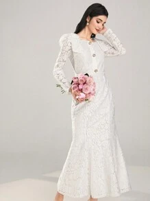 Modelyn 女士优雅羊腿袖蕾丝连衣裙，配有肩部纽扣细节 - 白色 - 查看 7