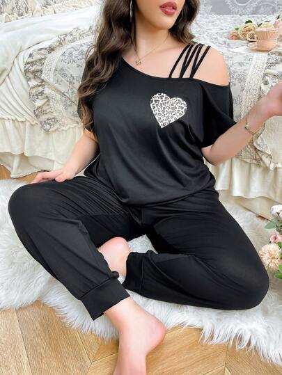 Plus Size Women Short Sleeve Sexy Asymmetrical Shoulder Casual & Comfortable Lounge Top & Pants Pajama Set, Outfits