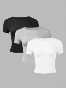 SHEIN LUNE Women's Slim Fit Solid Color Crew Neck Embroidered Edge T-Shirt, European And American Style