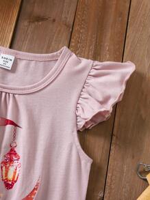 Wildeya Camiseta con estampado floral y lunar, y mangas con volantes para niñas jóvenes, color rosa, dulce y bonita, adecuada para actividades diarias, salidas y eventos sociales, colección de primavera/verano para el Ramadán