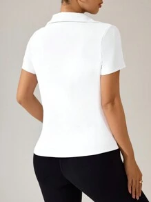 SHEIN Sport Studio 1 pieza Camisa polo deportiva de cuello en V blanco sólido para mujer para tenis y golf