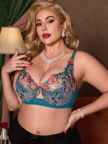 SHEIN 大码女士花卉刺绣网眼内衣文胸和无钢圈内衣文胸 - 彩色 - 查看 3