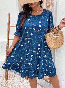 SHEIN LUNE Plus Size Women All-Over Floral Print Round Neck Ruffle Trim Short Sleeve Midi Dress