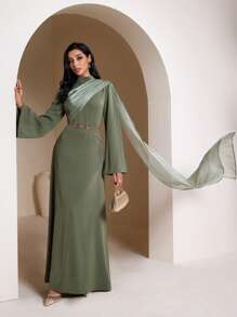 Veilorie Women Elegant Flowy Flared Sleeve Arabic Style Long Dress Modest