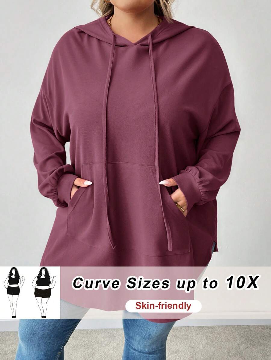 SHEIN CURVE+ 大码纯色连帽抽绳不对称下摆运动衫 - 紫色 - 查看 1