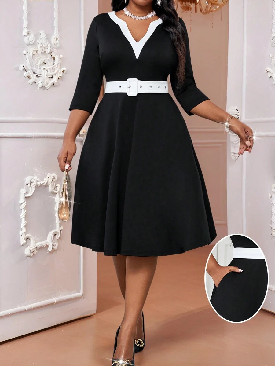 SHEIN Lady  Spring And Summer Autumn And Winter Elegant Work Office Colorful Knitted V Neck Flared Belted Midi Three Quarter Length Sleeve Plus Size Dresses - Black and White - View 1