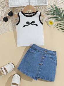 女婴蝴蝶结印花上衣和吊带裙 2 件套 - 白色 - 查看 8