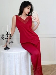 女士撞色蕾丝吊带背心和长裤睡衣套装 - 酒紅色 - 查看 4