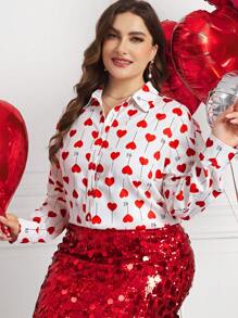 SHEIN Clasi Plus Size Elegant Valentine's Day Red Heart Decorated Basic Shirt