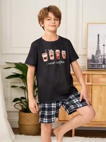 SHEIN Tween Boys' Casual Coffee Pattern Round Neck Short Sleeve T-Shirt And Plaid Pattern Shorts 2 Pieces Loose Lounge Set - Multicolor - View 4