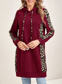 EMERY ROSE Women's Autumn Leopard Patchwork Long Sleeve Drawstring Hooded Long Sweatshirt - Red - View 1