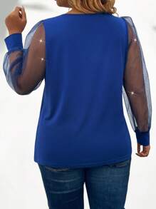 Camiseta de punto de manga larga con cuello redondo, en talla grande, con parches de red brillante - Azul Marino - Ver 2