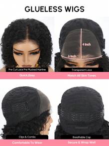 Wear&Go 6X4 卷曲人发无胶假发卷发假发透明预切蕾丝前部假发预拔发际线即戴蕾丝闭合假发自然黑色人发假发原始头发适合女性日常使用 - Natural Black - 查看 6